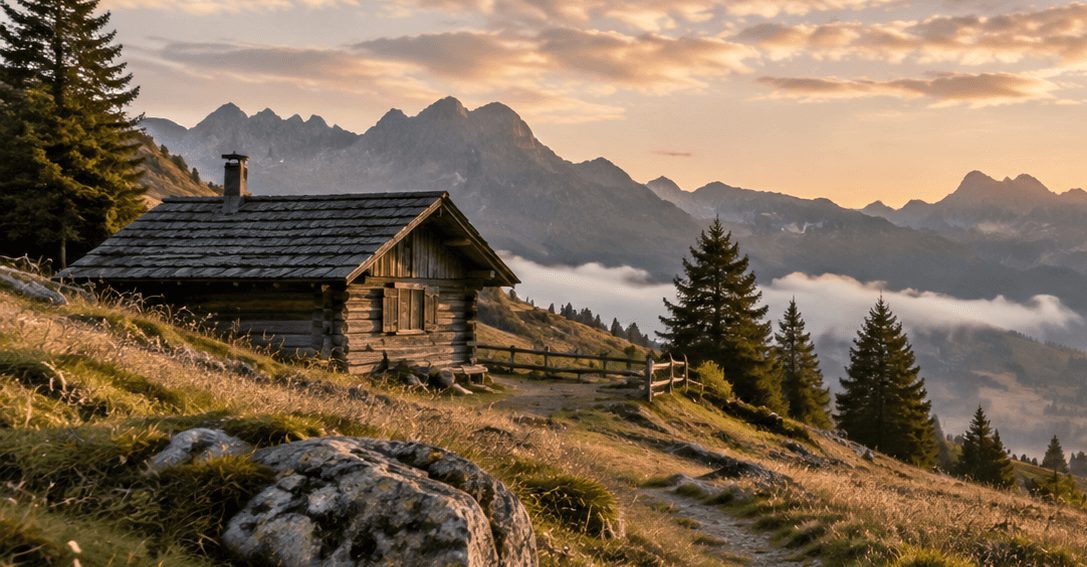 Planinska koča nad dolino megle v jutranji svetlobi